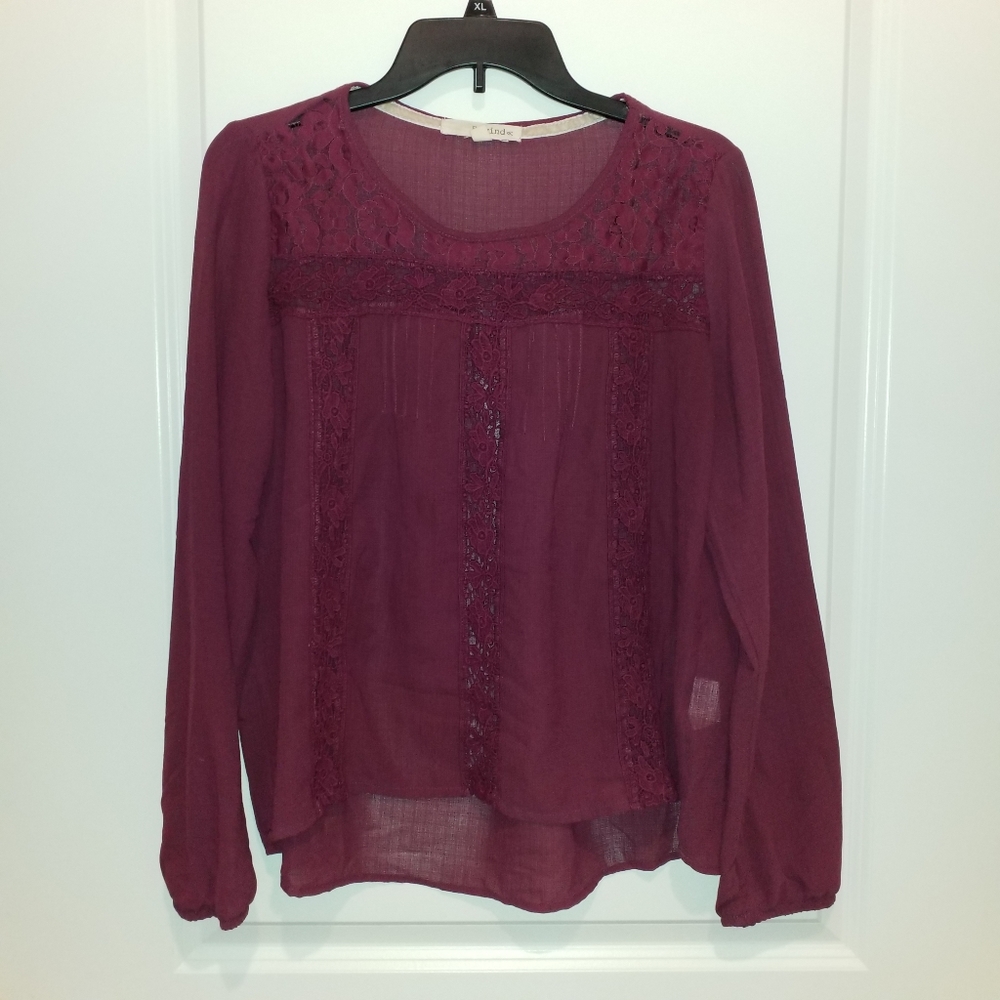 Long Sleeve Sheer Burgundy Top, Size Large